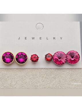 Gold-Tone Hot Pink & Red Crystal Stud Earrings Set of 3 1/4"–3/8" NWOT